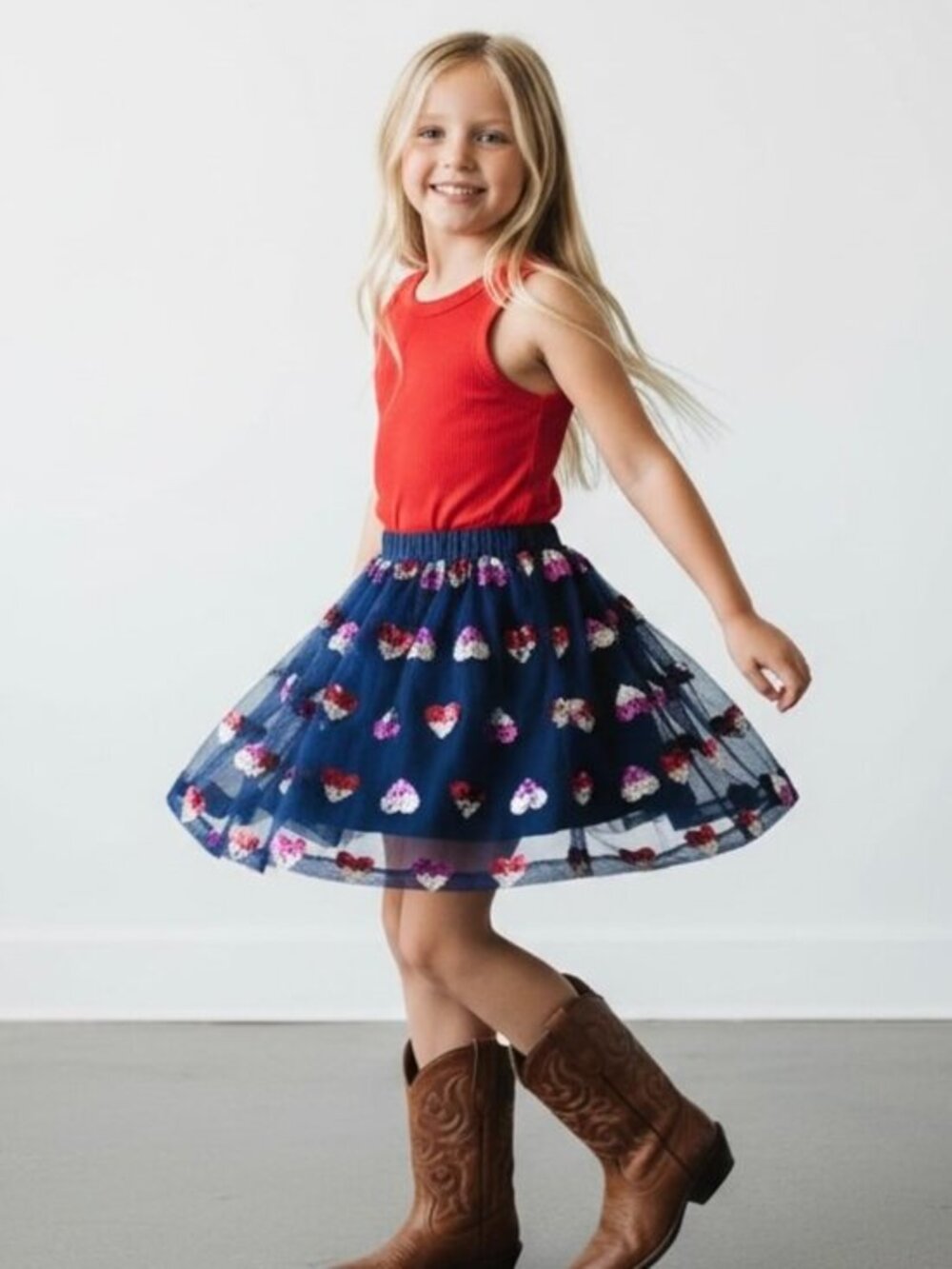 Cat &‎ Jack Tule Skirt  girls XS 4/5 Blue tule red Sequin Hearts  lined
